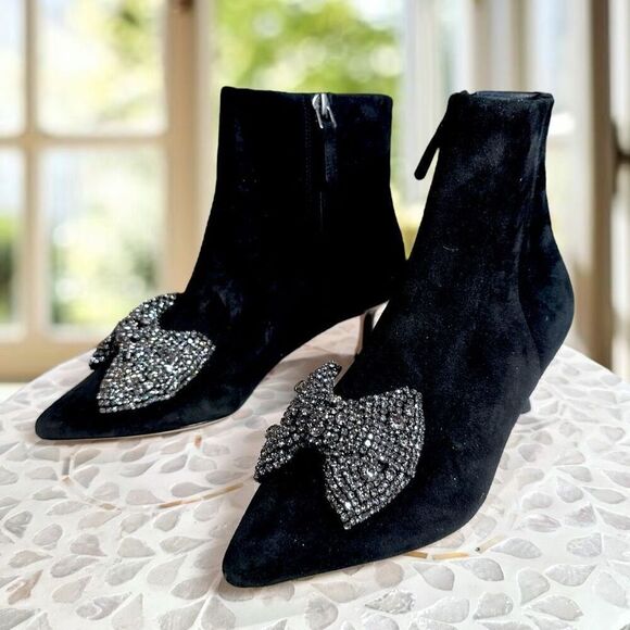 Tory Burch $498 Embellished Crystal Bow Leather Suede Ankle Booties Boots Shoes - Picture 5 of 15